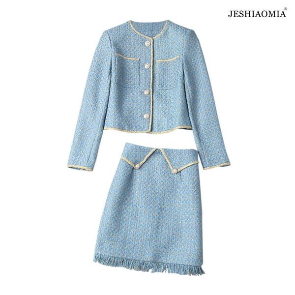 

women's two piece pants jeshiaomia- 2021 autumn front pocket single breasted tweed jacket & skirt set, White