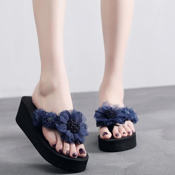 

fashion flower women's slip-on slippers, thick-soled non-slip women's home flip flops, slope heel beach sandals#, Black