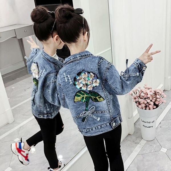 

jackets 2021 spring autumn children denim jacket clothes baby girls flower coat kids infant jean clothing toddler casual costume w83, Blue;gray