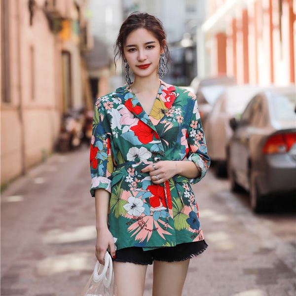 

summer floral printed women blazer long kimono japan style sleeves colorful casual ladies suit, Black;brown