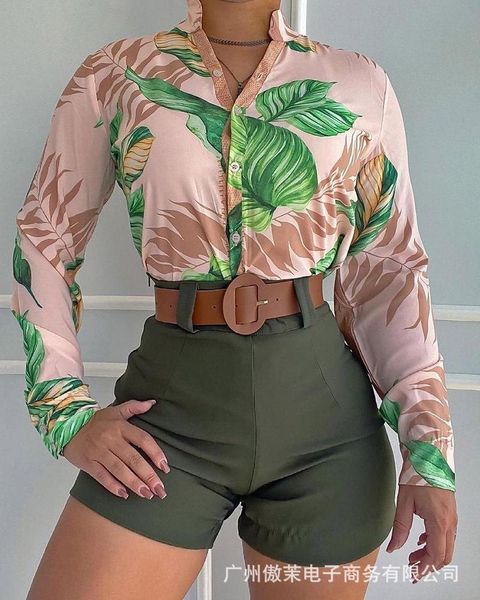 

women's tracksuits cross border tropical print long sleeve stand collar shirt set shorts - none belt, Gray