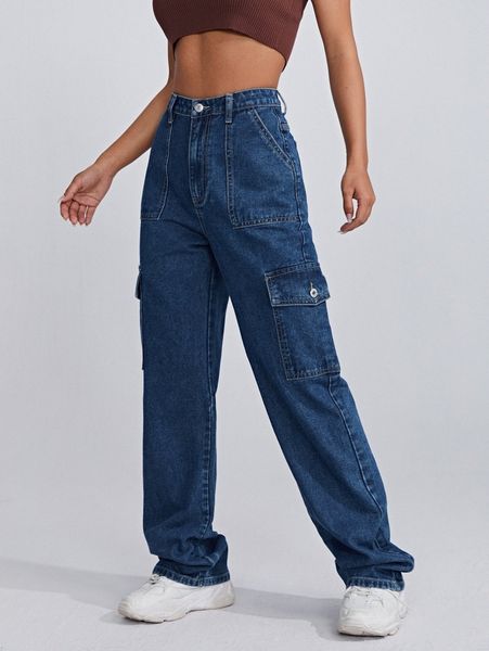 

high waist flap pocket side jeans x8s1#, Blue