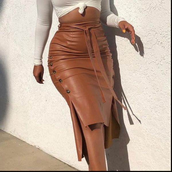 

womens faux pu leather midi skirt, high waist button trim solid color slit bodycon pencil skirt with belt, Black