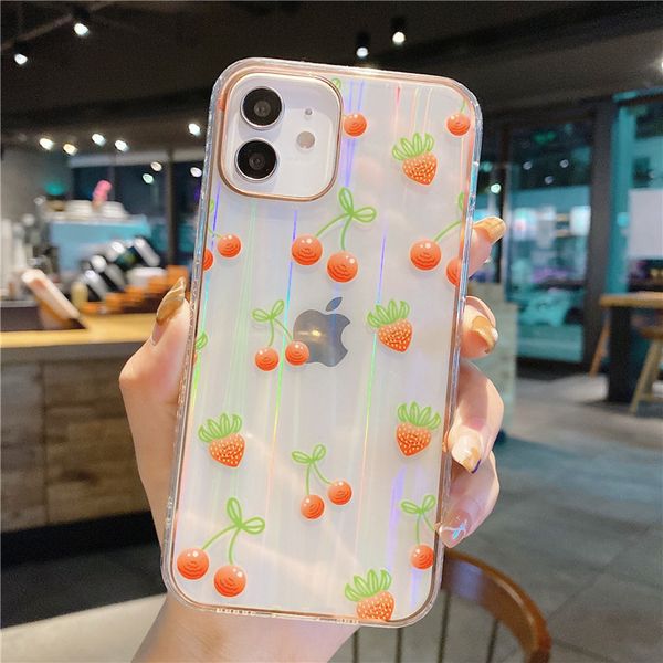 

cute strawberry patterns cases compatible for iphone 12 pro fruit series soft shockproof double-sided film plating phone cover case 97160