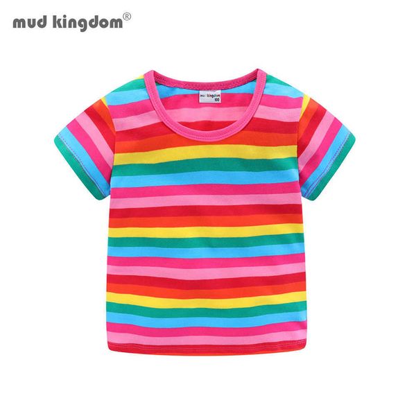 Mudkingdom Crianças camisetas Verão O-pescoço Colorido Arco-íris Listrado Meninos Meninas Tops Crianças Roupas 210615