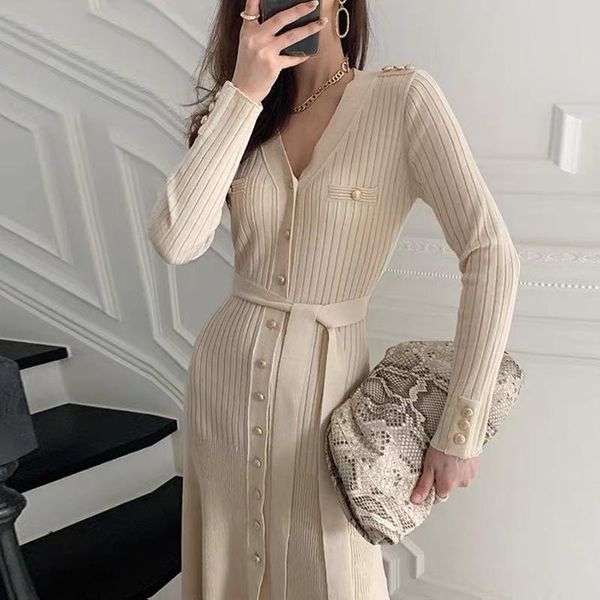 

casual dresses elegant 2021 winter clothing sweater dress for women woman warm solid knitted a-line thick single-breasted, Black;gray