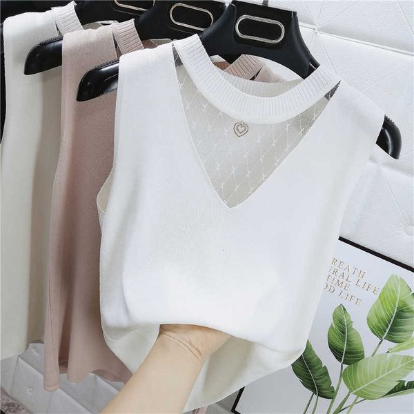 

women's tanks & camis o-neck hollow out mesh patchwork knitted tank 2021 spring and summer fashion sleeveless o0i6, White