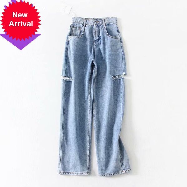 

fashion washed holes button fly pockets straight jeans woman spring and autumn new, Blue