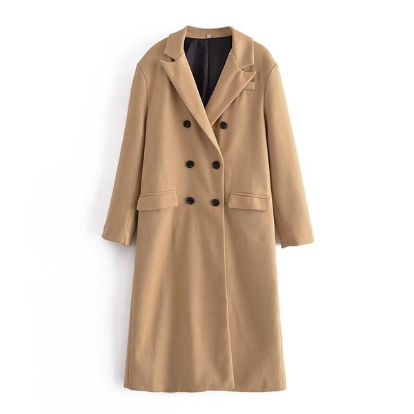 

women's wool & blends zxqj women khaki long woolen coat 2021 autumn winter fashion ladies double breasted loose streetwear female camel, Black