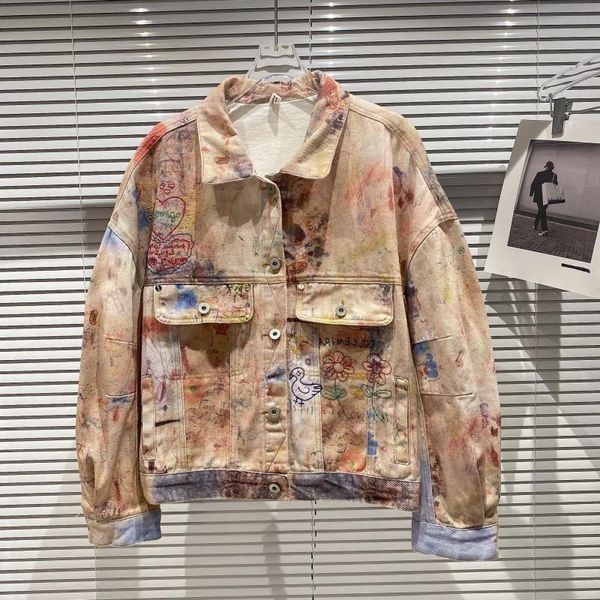 

women's jackets graffiti painting embroidery letter flap pocket denim jacket, Black;brown