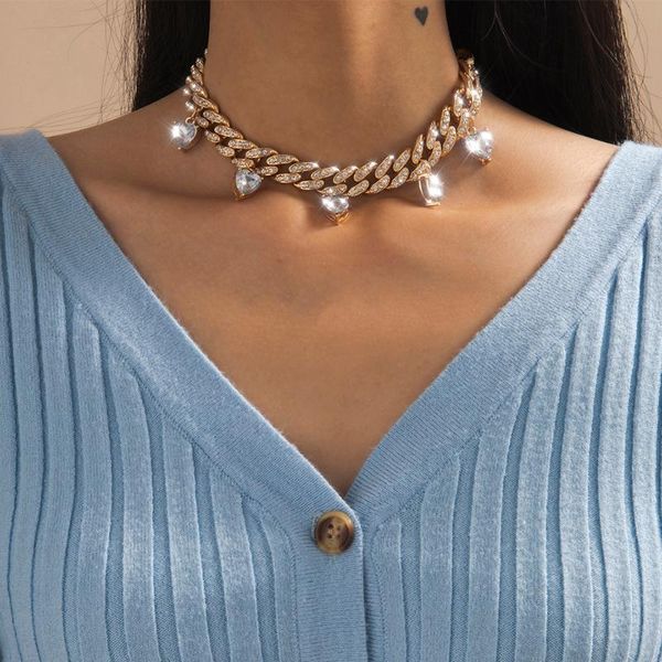 

lacteo vintage heart shape pink color rhinestone pendant necklace for women 2021 trendy cuban adjustable clavicle chain necklace, Silver