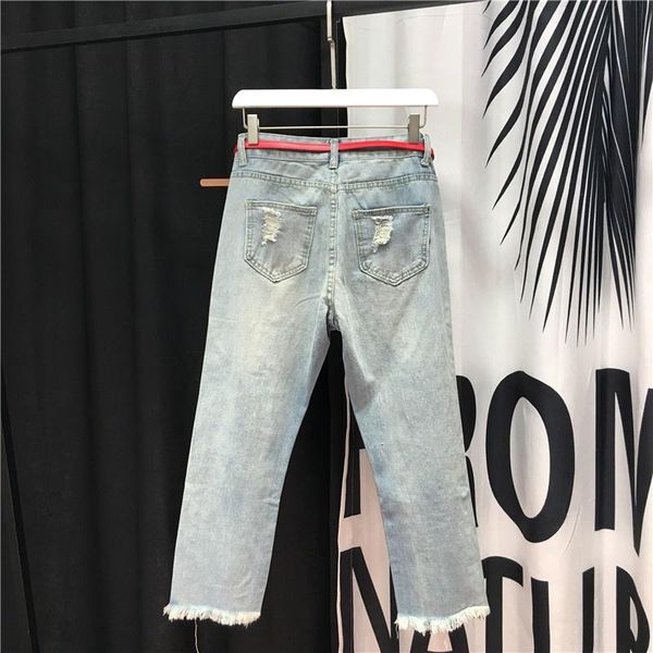 

women's jeans fashion women hole ripped high waist sequined cartoon embroidery denim harem pants rivet beads ankle length baggy, Blue