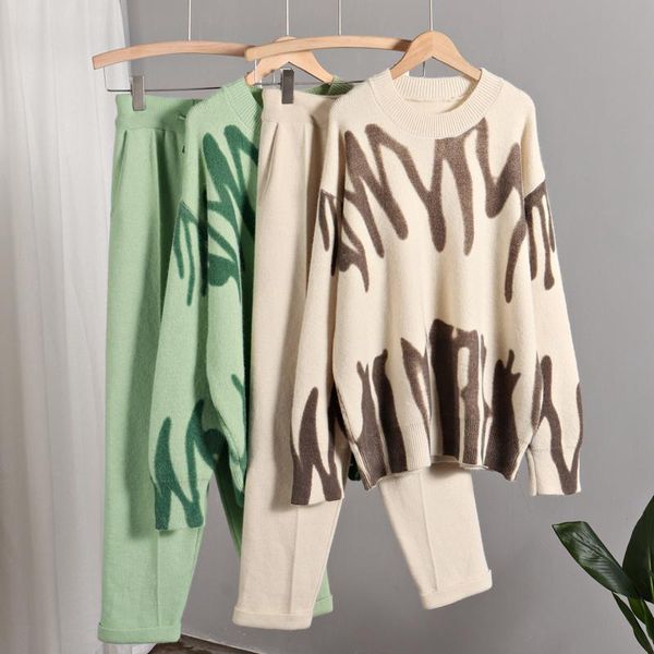 

women's sweaters winter women knitted two piece sets tie dye loose jogging pants suits oversized tracksuit outfits, White;black