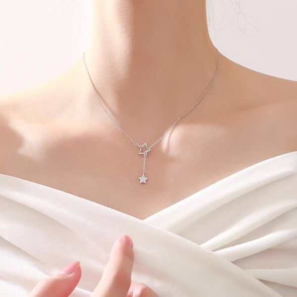 

pendant necklaces women fashion necklace korean version of simple zircon five-pointed star cold air tassel clavicle chain jewelry, Silver