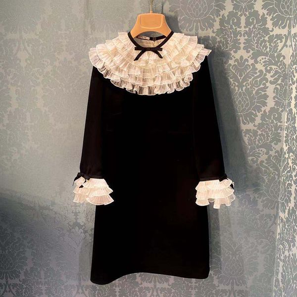

new korean fashion spring 2021 brand runway designers elegant ruffles long sleeve a-line mini es for women ymoq, Black;gray