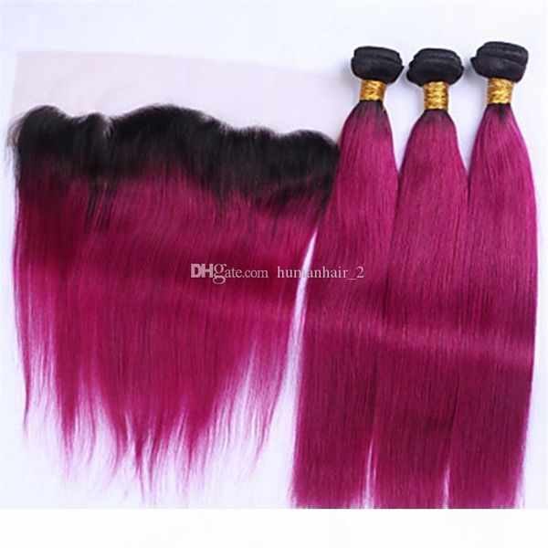 

malaysian human virgin hair fuschia ombre hair bundles with lace frontal closure two tone red straight virgin hair with frontal closure, Black;brown