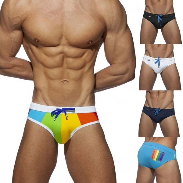

men's g-strings fashion rainbow swim briefs drawstring swimming brief color triangle trunks matching thickened, Black;brown