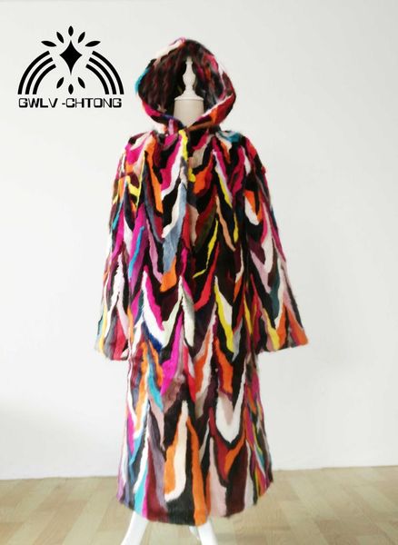 

women's fur & faux genuine natural mink coat with hood women x-long multi-color jacket ladies colorful outwear overcoat, Black