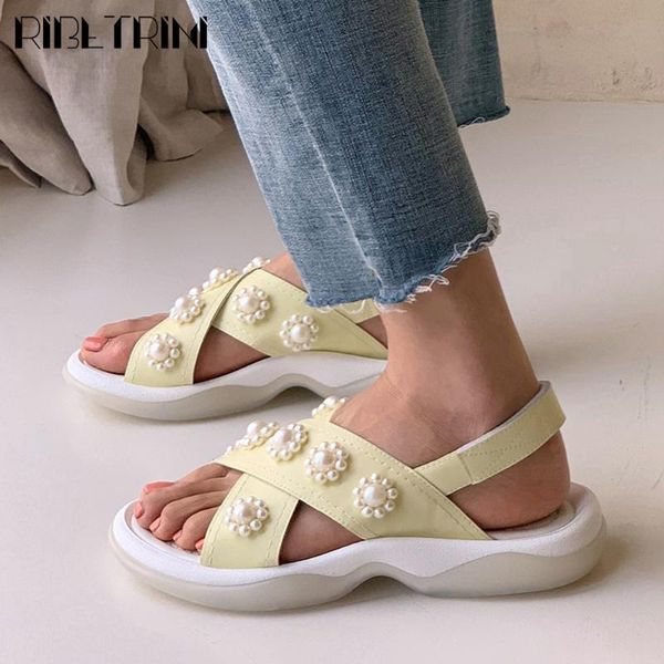 

dress shoes ribetrini elegant beading brand concise fresh flat platform women sandals low heel summer genuine leather, Black