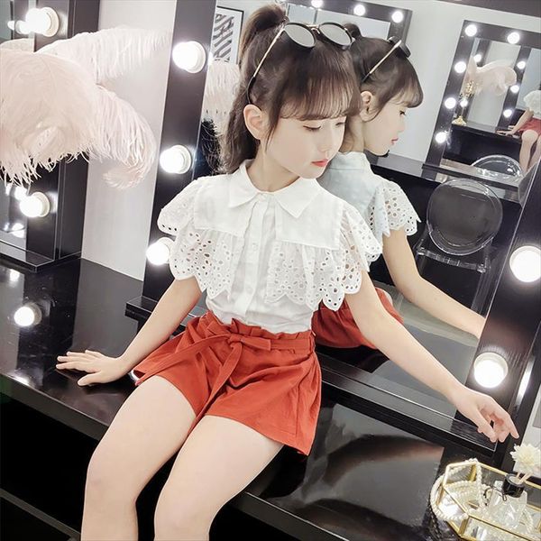 

teens girl clothing set vlinder summer lace floral short sleeve white t shirt mesh clothes for 5 6 7 8