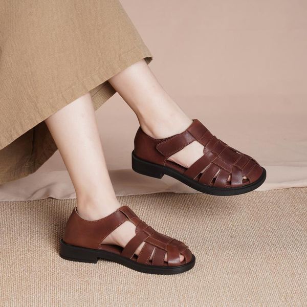 

sandals 2021 designer summer shoes genuine leather gladiator soft knit retro chunky brown, Black