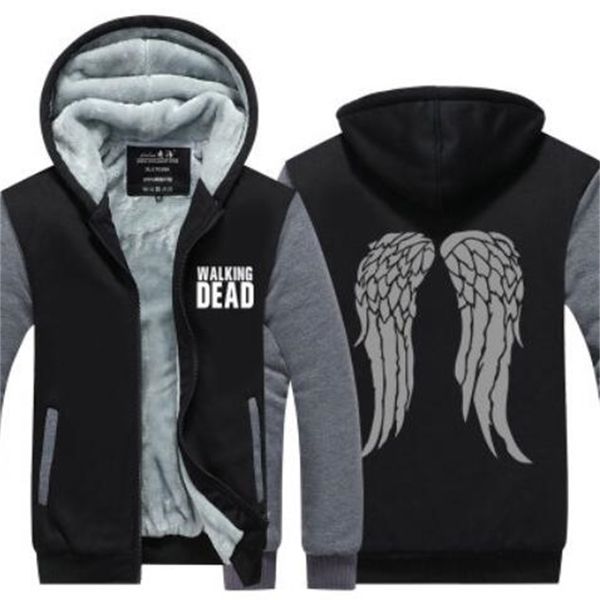 

new fashion wholesale-the walking dead cashmere hoodie zombie daryl dixon wings thicken jacket sweatshirt winter fleece mens sweatshirts, Black