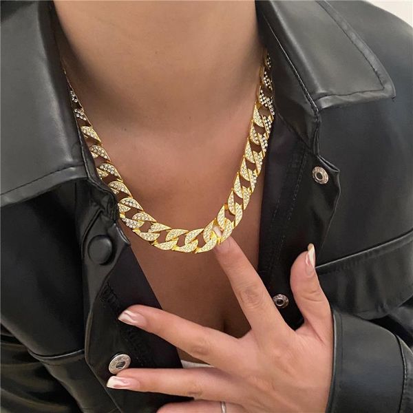 

chains hip hop full rhinestones miami curb cuban link chain necklace gold color thick choker for women men jewelry, Silver