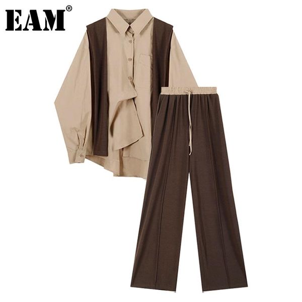

[eam] wide leg pants big size three piece suit new lapel long sleeve brown loose women fashion tide spring summer 2021 1dd4307, White