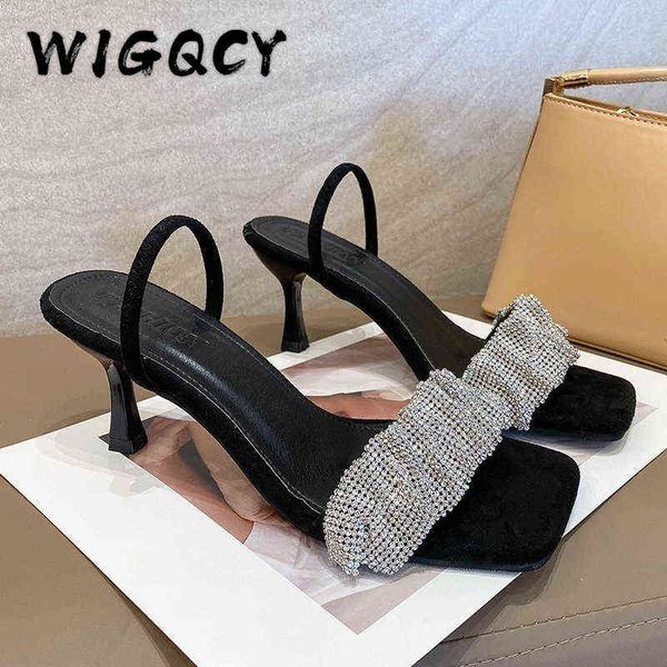 

new summer sandals women rhinestone high heels pumps women shoes fashion ruffles shallow slip-on peep toe party wedding shoes y220225, Black