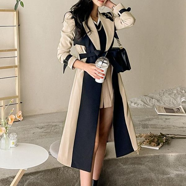 

women's trench coats women fashion patchwork style long sleeve tailored collar korean sash slim coat for, Tan;black