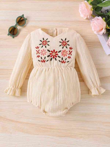 

baby floral embroidery flounce sleeve button back bodysuit she, Blue
