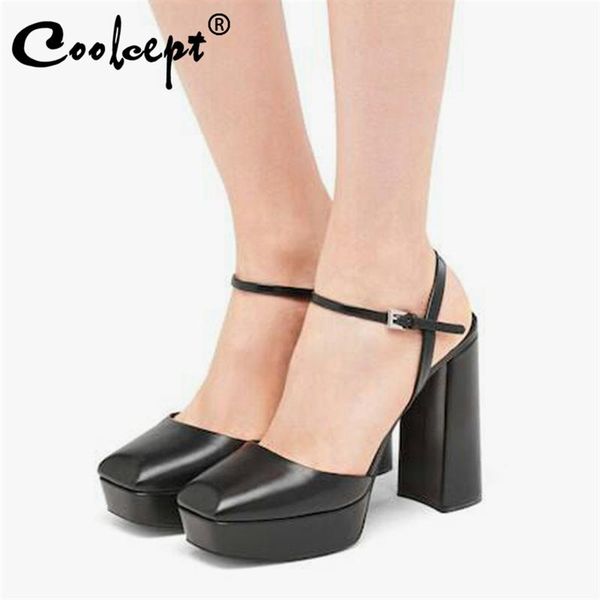 

coolcept women fashion sandals square toe thick high heel buckle strap solid color party shoes ladies footwear size 35-40, Black