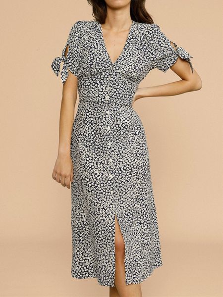 

casual dresses women floral print v-neck midi dress 2021 spring summer ladies lace-up short sleve single-breasted slim waist split, Black;gray