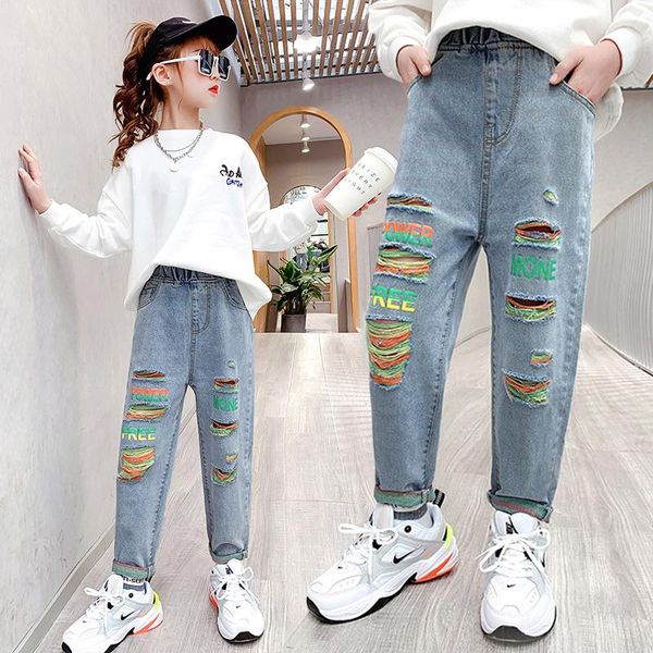 

new girls printed jeans 3-13 years old spring and autumn ripped denim pants, large children's korean loose casual trousers, Blue