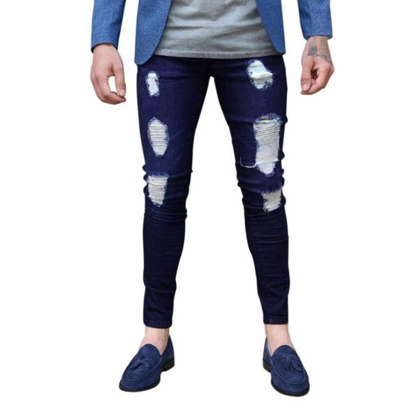 

men's pants men stretchy ripped skinny biker destroyed taped slim fit denim solid hole male trousers sale # bb, Black