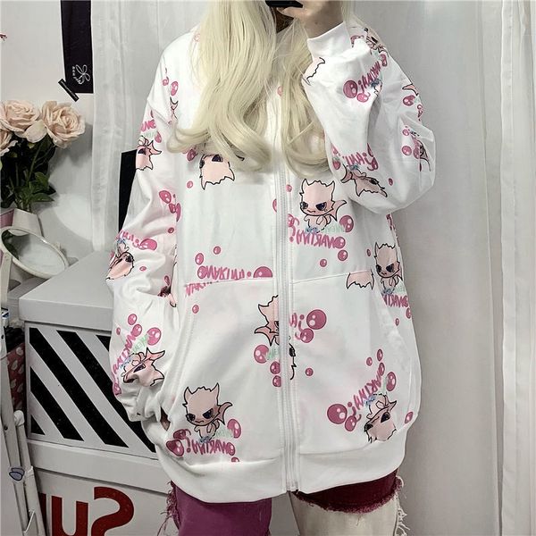 

new deeptown style kawaii 2021 fashion cartoon print zip up hoodies women long sleeve cute plus size sweatshirt okbd, Black