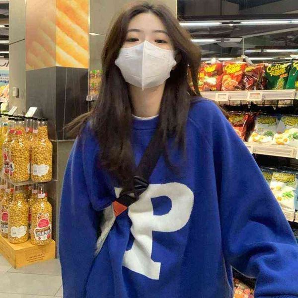 

oversized hoodie blue o-neck pullovers women's sweatshirt letter print harajuku loose long sleeve korean fashion, Black