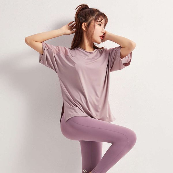 

promotion fitness shoulder 2020 casual clothes mesh new loose sports running quick dry yoga t-shirt for women, Gray