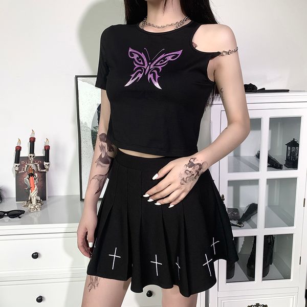 

harajuku o-neck balck t-shirts women streetwear bodycon casual cutton summer fashion vintage asymmetric sleeves top, White