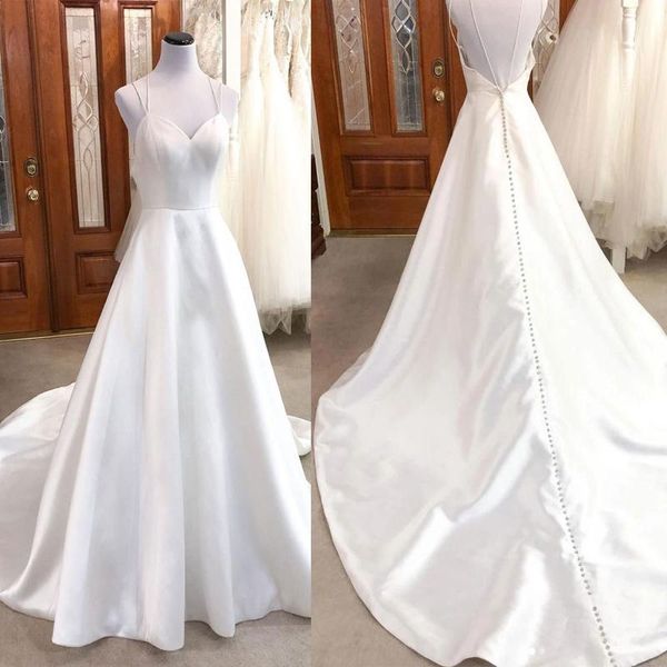 

2021 simple satin wedding dresses spaghetti straps backless covered buttons chapel train beach wedding bride gown vestido de novia, White