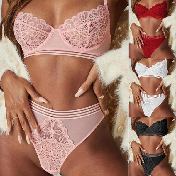 

bras sets 2021 seamless lingerie women lace bowknot babydoll push up bra and panty set v neck erotic underwear mujer, Red;black