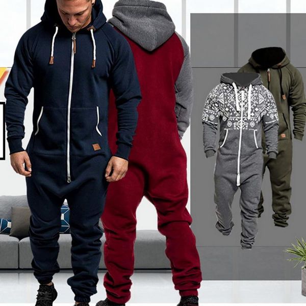 

2021 mens one-piece garment pajama men solid splicing jumpsuit playsuit zipper hoodie male patchwork jumpsuits overalls hombre, Gray