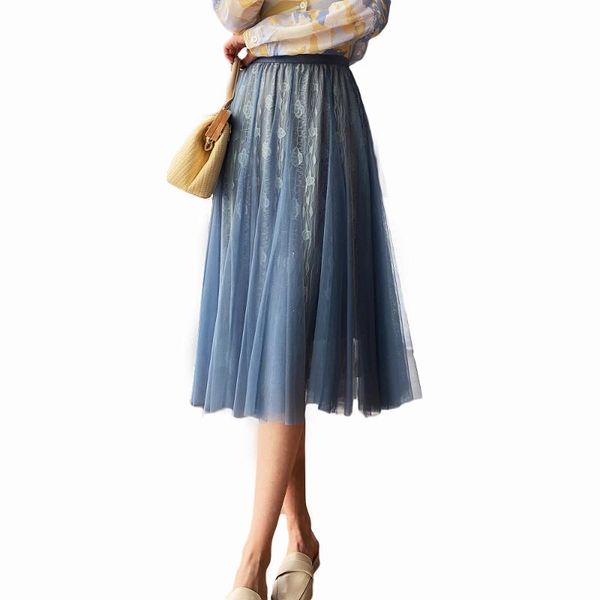 

skirts long tulle midi womens spring autumn elastic high waist lace gradient mesh tutu female pleated skirt streetwear, Black
