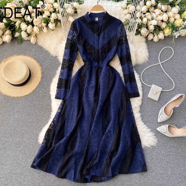 

deat spring arrivals long sleeve round collar hollow out single high waist a-line fashion midi-long dress mz714 210709, Black;gray