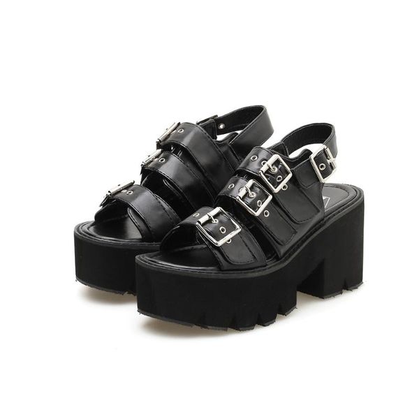 

summer new fashion punk style belt buckle women sandals female high-heeled thick-heeled shoes anti-slip leather casual platforms, Black