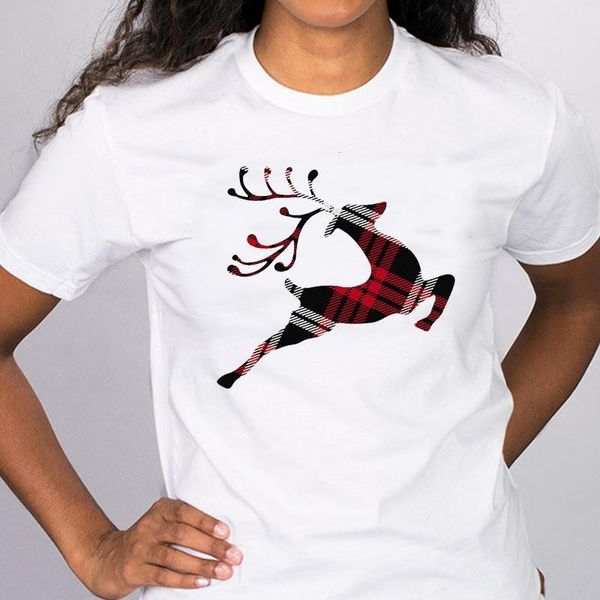 

women graphic plaid deer animal happy short sleeve holiday merry christmas tees clothes print lady female t shirt t-shirt, White