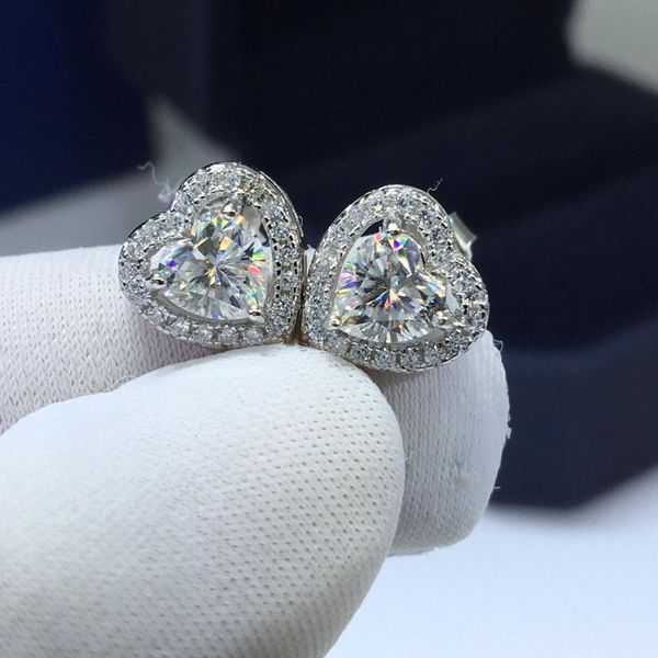 

stud silver 925 original diamond test past round brilliant cut total 2 carat d color heart shape moissanite earrings gemstone jewelry, Golden;silver