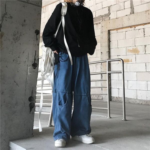 

women's jeans fashion individuality japanese-style jean women loose stripe denim pant bule and hip hop streetwear trouser, Blue