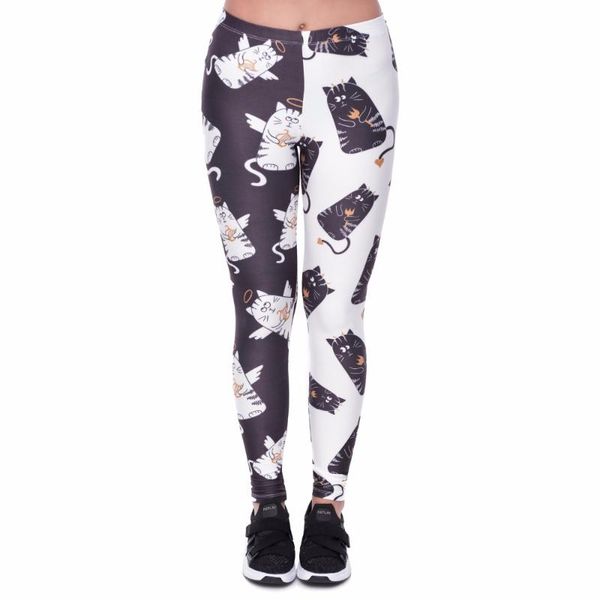 

women's leggings arrival fashion elastic women angel and devil cats printing pants trousers ladies fitness sportswear, Black