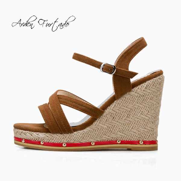 

sandals arden furtado 2021 summer fashion brown women's shoes elegant leisure platform wedges buckle strap ladies, Black